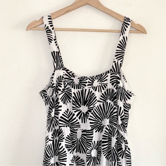 LOFT Linen Blend Firework Tiered Square Neck Midi Dress Black White Large - Picture 6 of 8